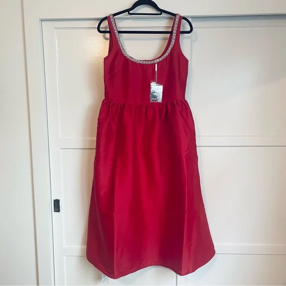 Self-Portrait Red Taffeta Diamante Midi Dress - Size UK 14/ US 10 - Picture 7 of 14